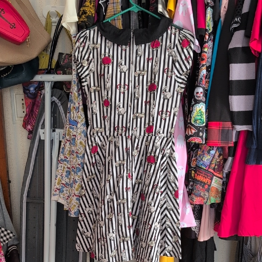 Striped Dress with Red Floral Accents - Picture 5 of 6